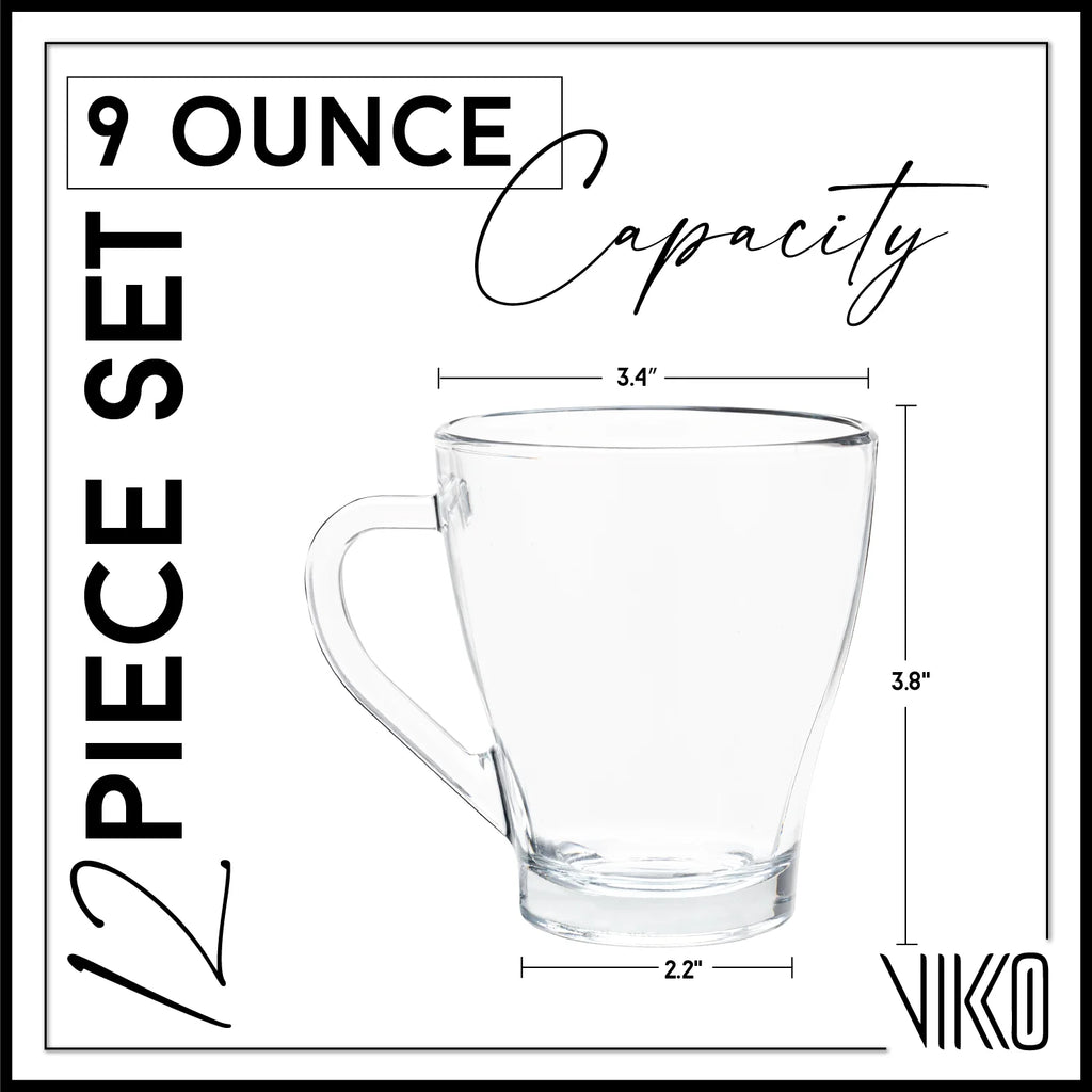 9 Ounce Glass Coffee Mugs, Set of 12 Clear Glass Mugs D955