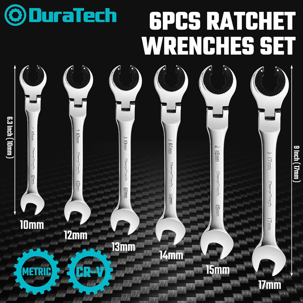 6-Piece Metric Ratcheting Wrench Set with Open Flex-head, 10-17mm, CR-V Steel, with Organizer Bag L5327