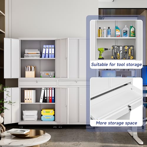White Metal Storage Cabinet with Wheels and Locking Drawer G244
