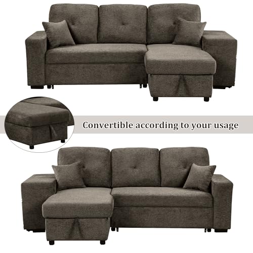 Sectional Sofa with Pull-Out Sleeper Sofa Bed, Storage Chaise and 2 Stools, L Shaped Couch Set, Charcoal O74469