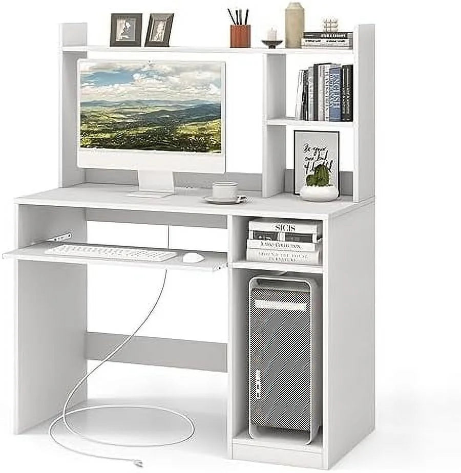 White Desk with Hutch and Charging Station S773