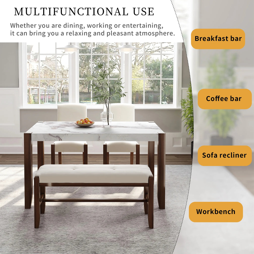 4-Piece Dining Furniture Set with Faux Marble Table and 2 Upholstered Chairs & Bench J4636