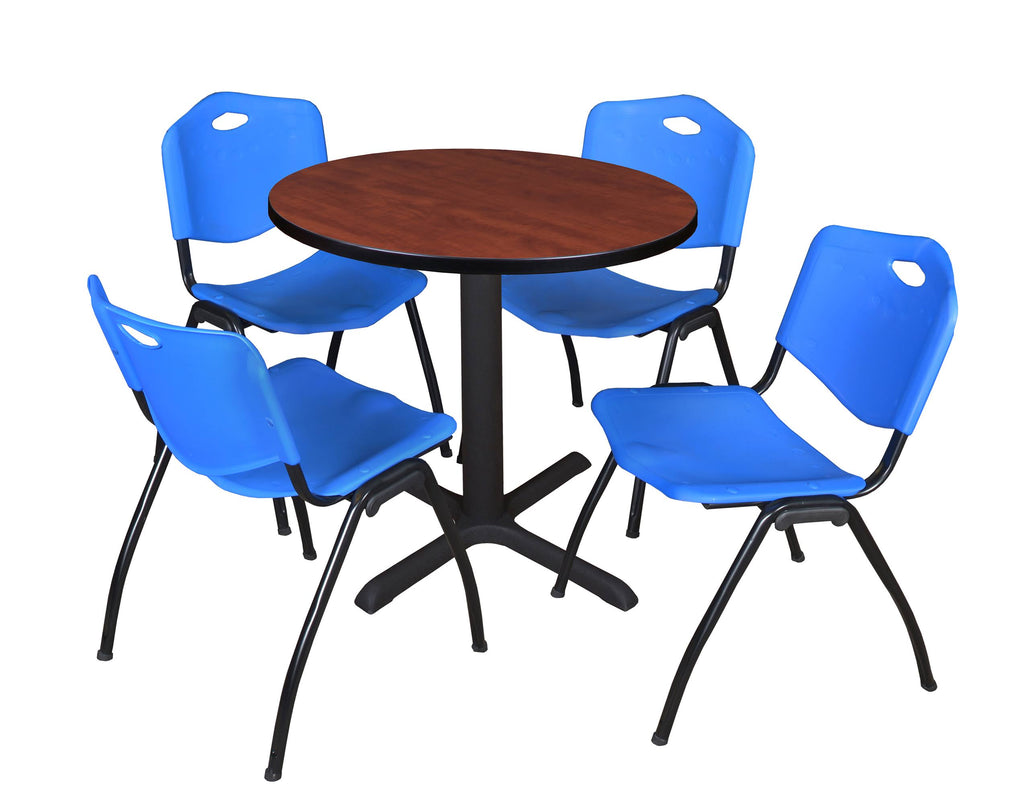 30x22 Round Breakroom Table Grey & 4 Stack Chairs Blue O5793