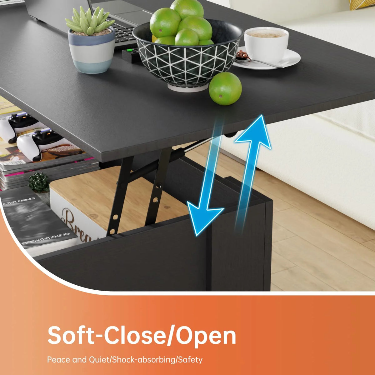 Lift Top Coffee Table with Hidden Compartment and Storage Shelf 47.2in Black P5988