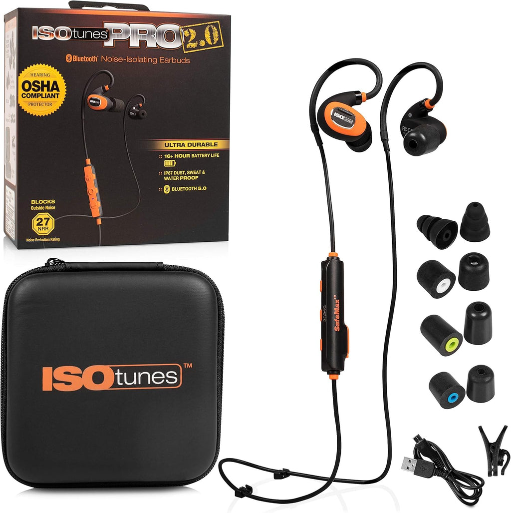 Safety Orange Bluetooth Earplug Headphones, 27 dB Noise Reduction, 16+ Hour Battery, IP67, Noise Cancelling Mic S1216