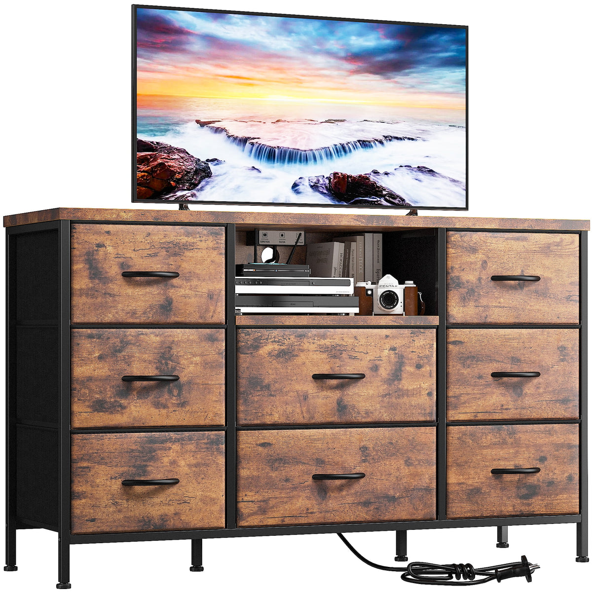 8 Drawer Fabric Dresser TV Stand with Outlet K3943
