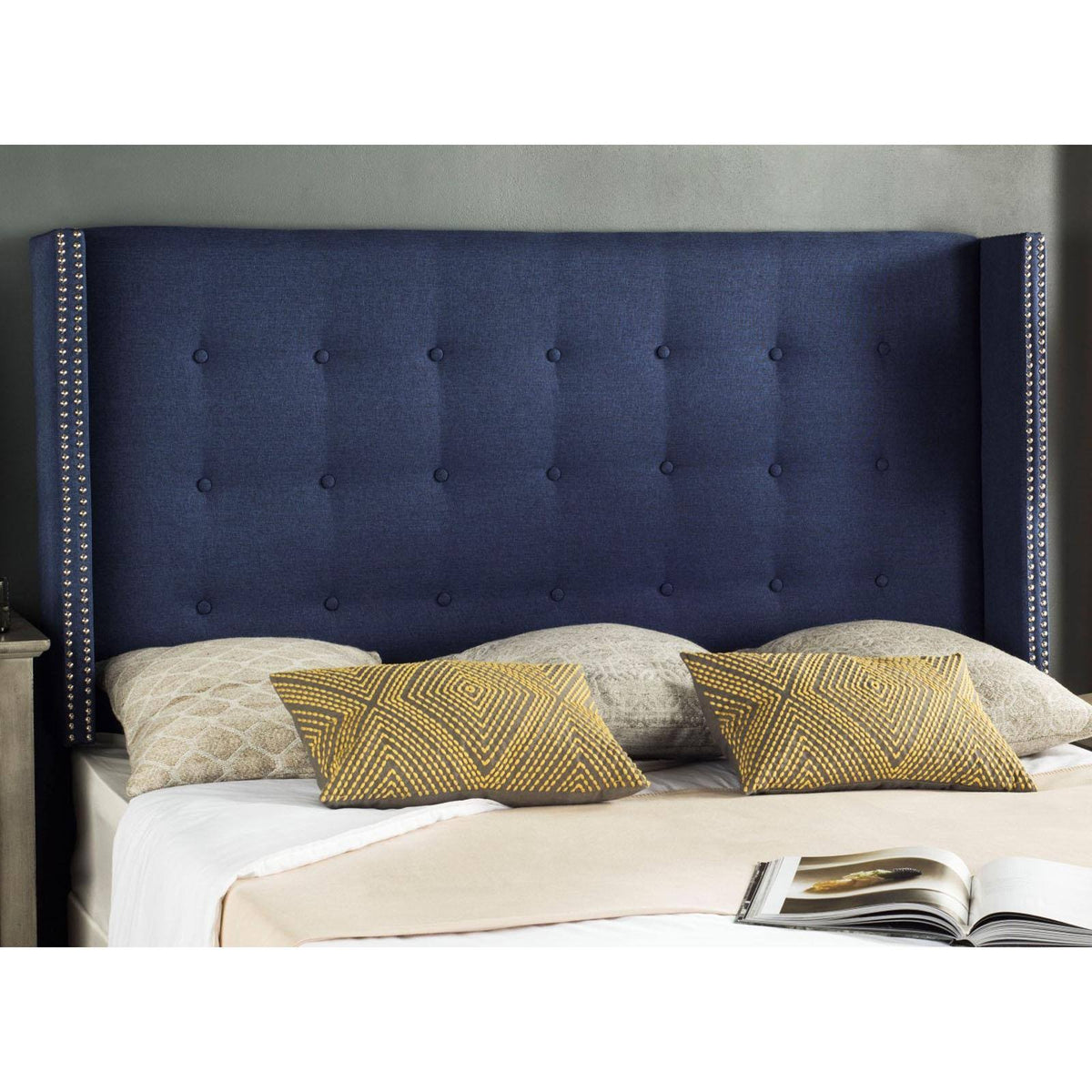 Navy Linen Tufted Winged Headboard Queen B21887