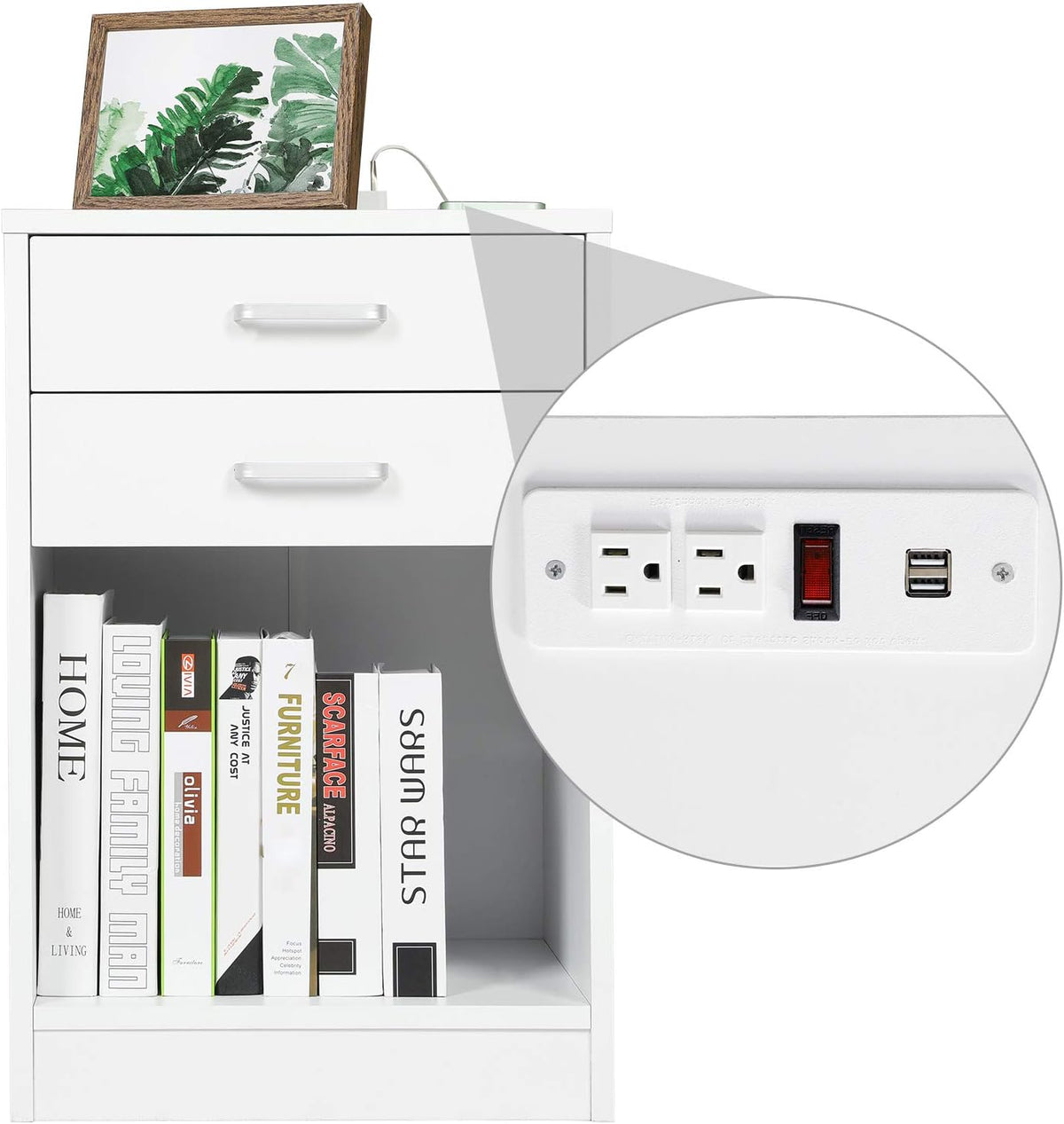 White Nightstand with USB Port and Sliding Drawer G266