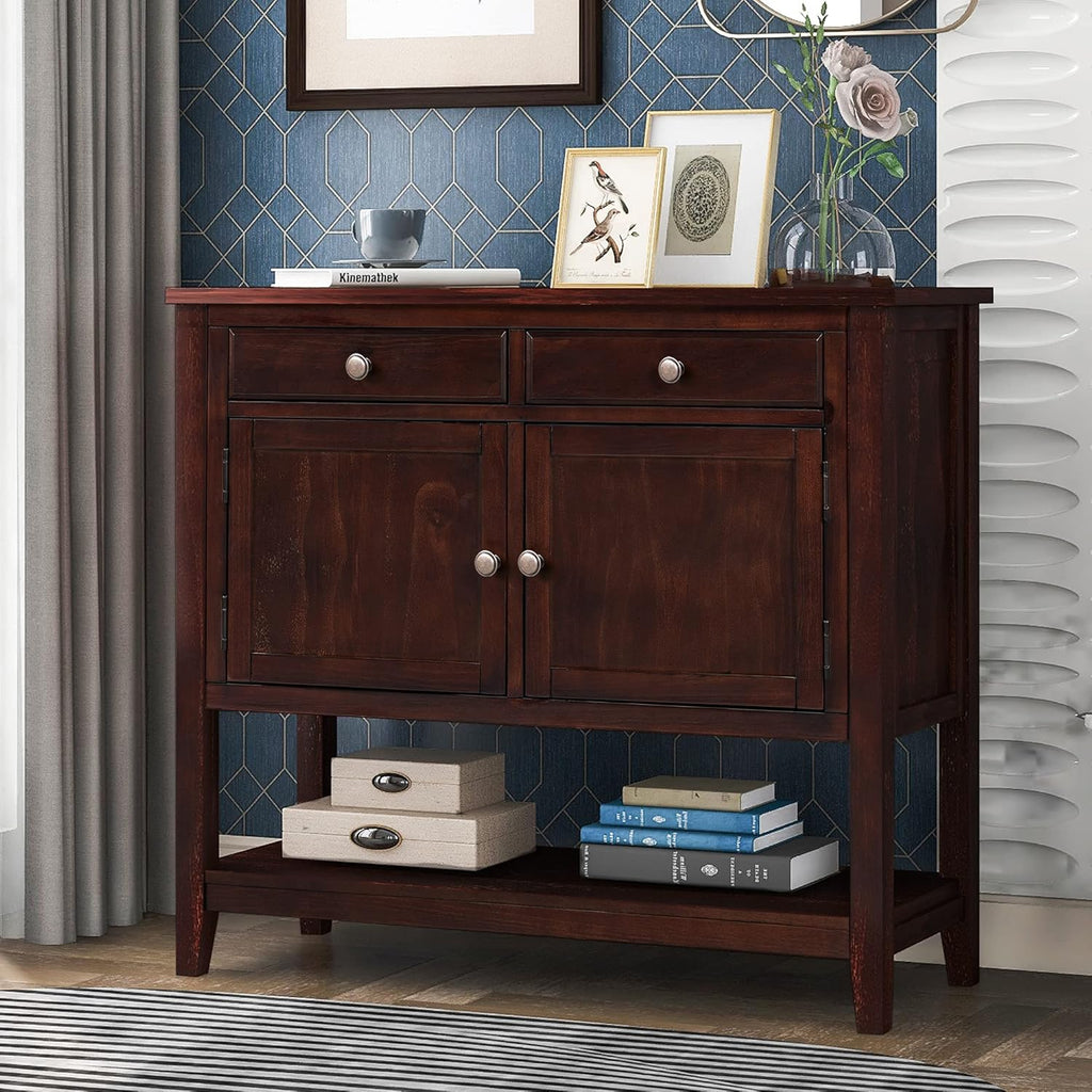 Espresso Wood Console Table with 2 Drawers, 2 Cabinets, 1 Shelf P40651