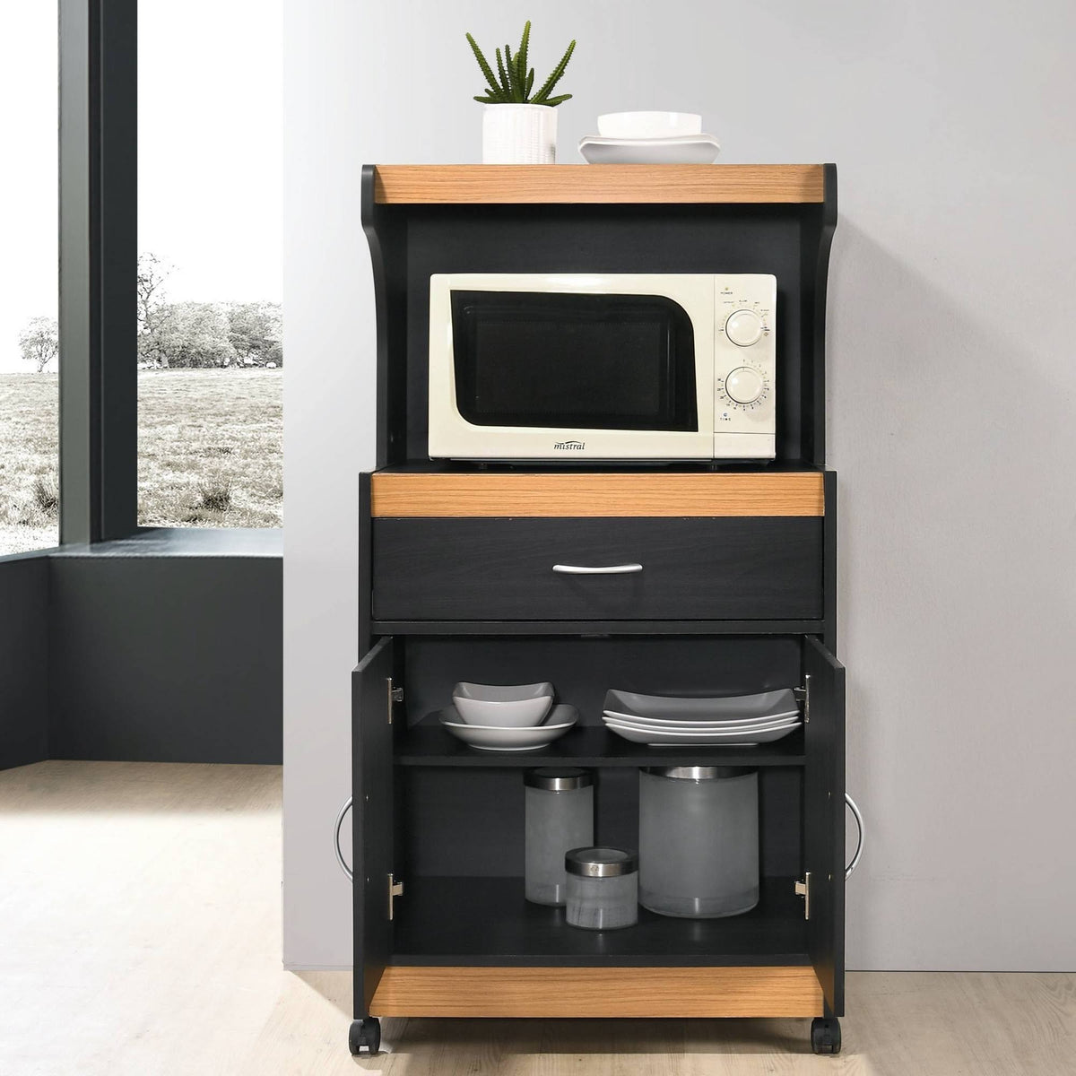 Black-Beech Microwave Kitchen Cart D804