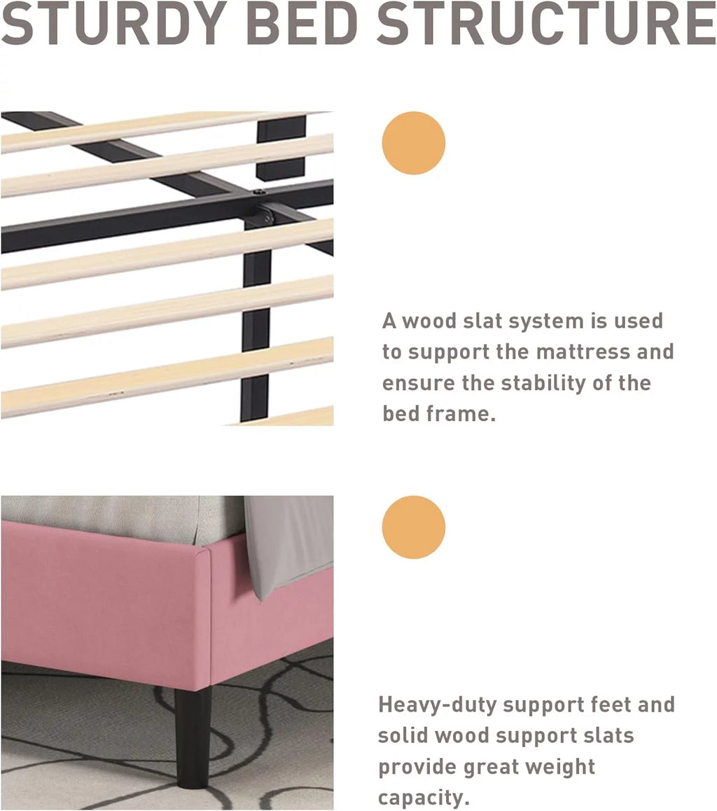 Pink Upholstered Twin Bed Frame with Wooden Slats U762