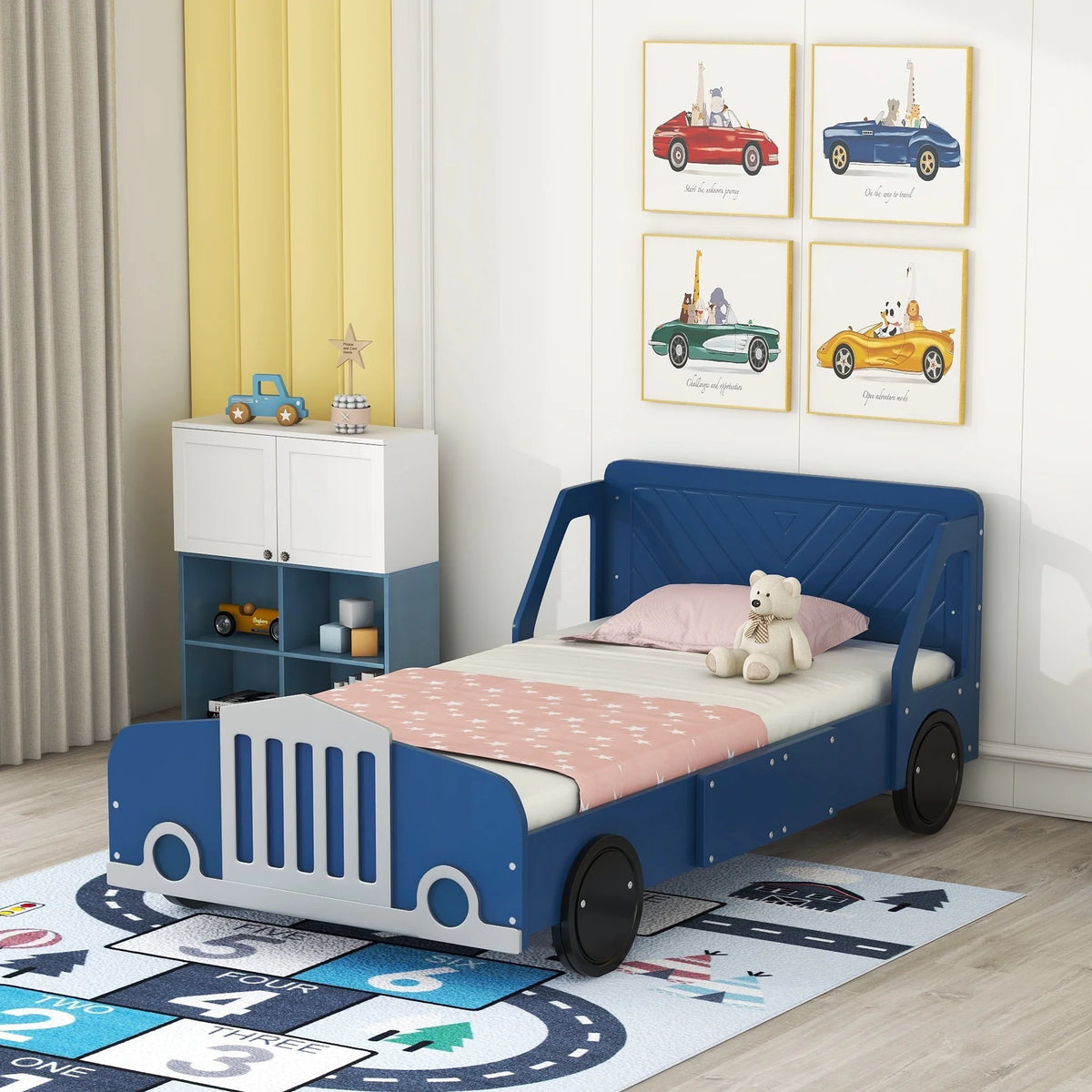 Twin Size Car-Shaped Platform Bed with Wheels Blue U844