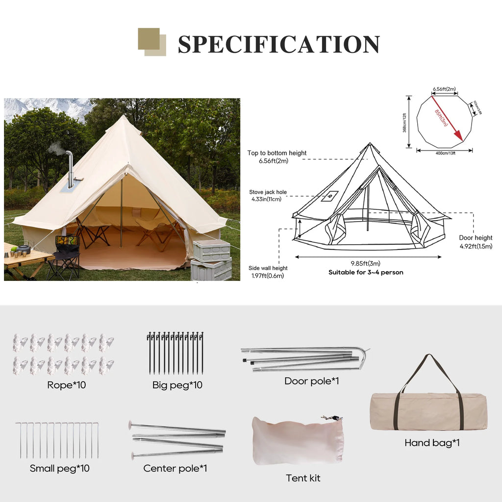 Cotton Canvas Bell Tent with Stove Jack, 4 Season, 5M, Green B8187