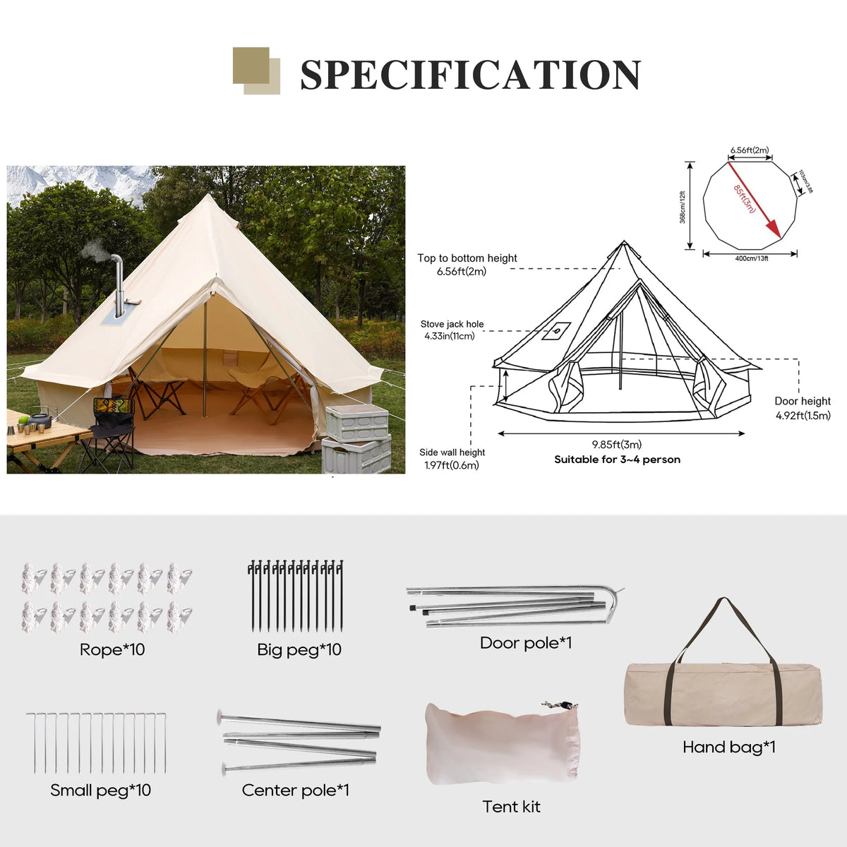 Cotton Canvas Bell Tent with Stove Jack, 4 Season, 5M, Green B8187