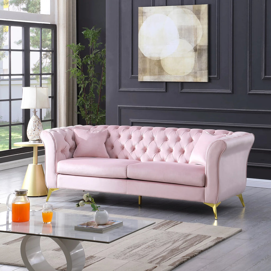 Pink Tufted Fabric Sofa with Scroll Arm R68190