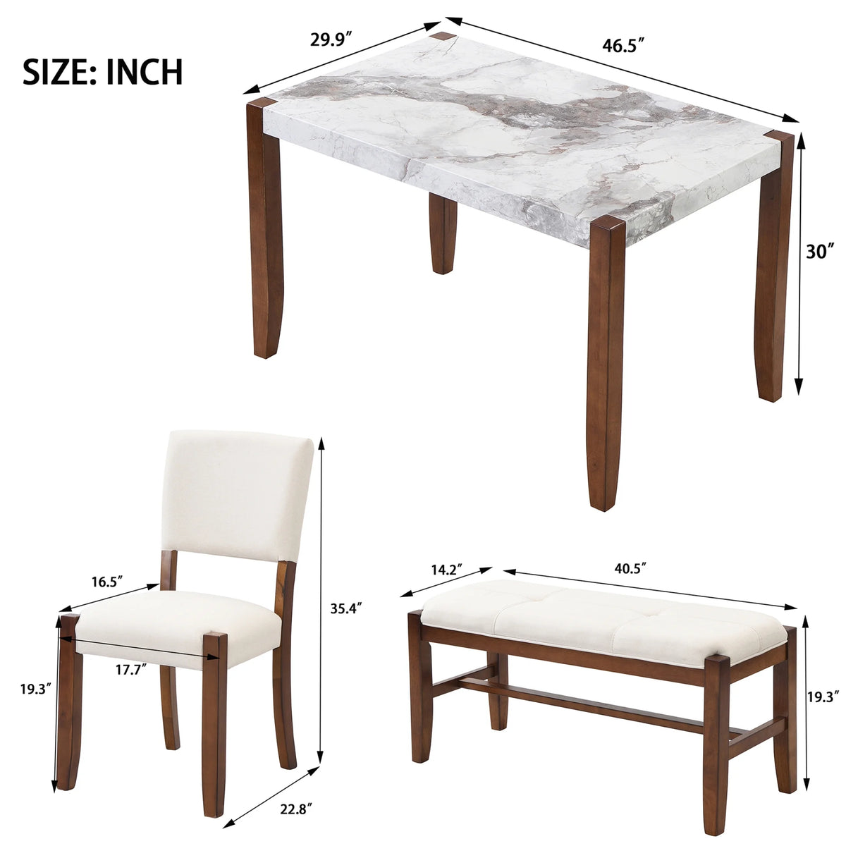 4-Piece Dining Furniture Set with Faux Marble Table and 2 Upholstered Chairs & Bench J4636