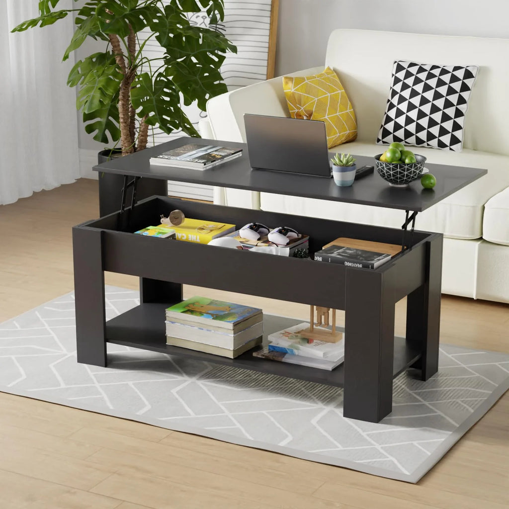 Lift Top Coffee Table with Hidden Compartment and Storage Shelf 47.2in Black P5988