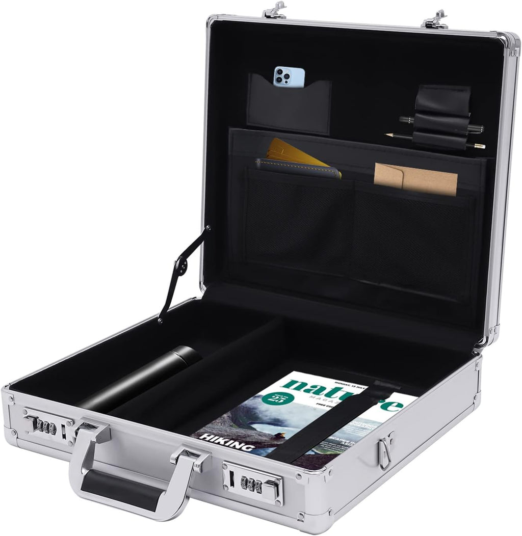 Aluminum Attache Case, 15 x 13 x 4.3 Inch Combination Lock Hard Laptop Case with Strap, Silver F567