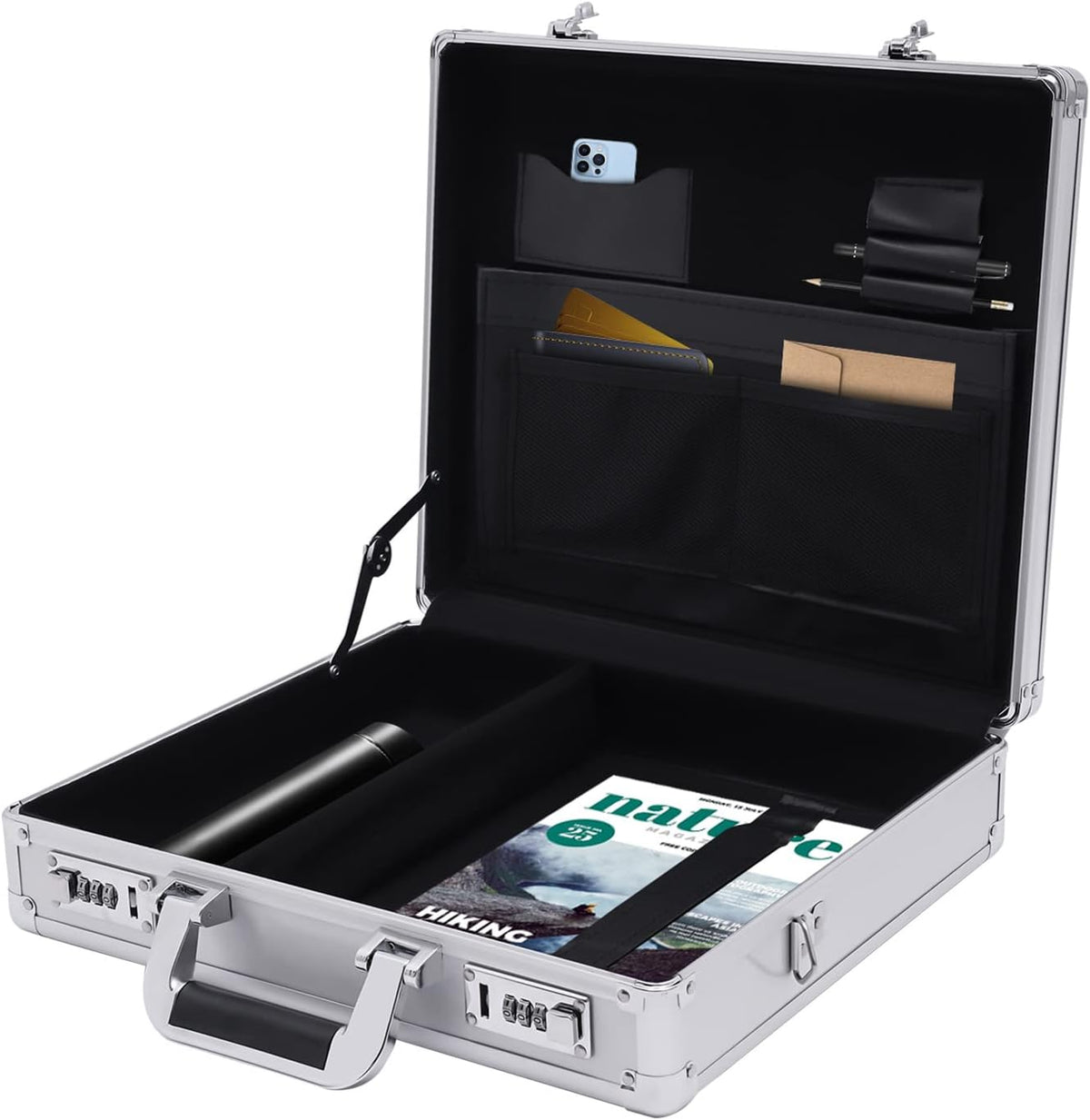 Aluminum Attache Case, 15 x 13 x 4.3 Inch Combination Lock Hard Laptop Case with Strap, Silver F567