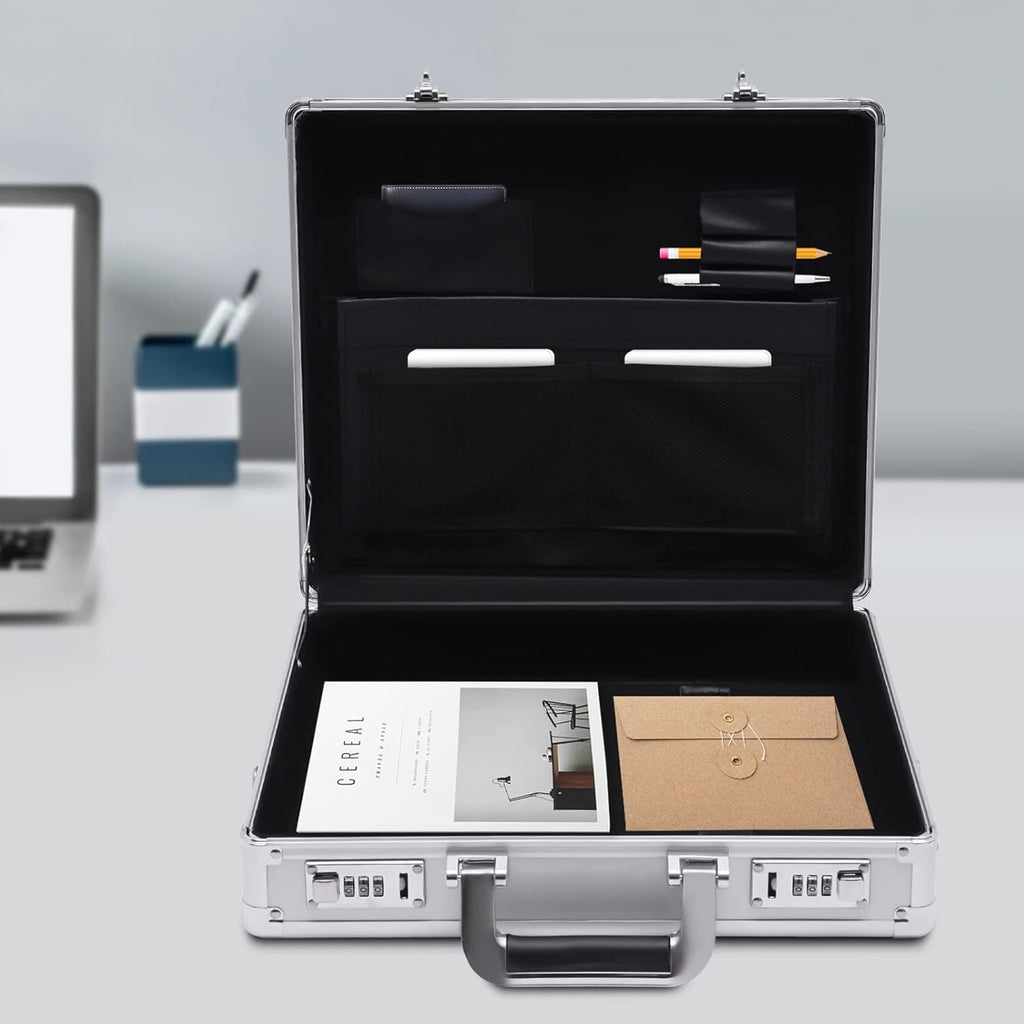 Aluminum Attache Case, 15 x 13 x 4.3 Inch Combination Lock Hard Laptop Case with Strap, Silver F567