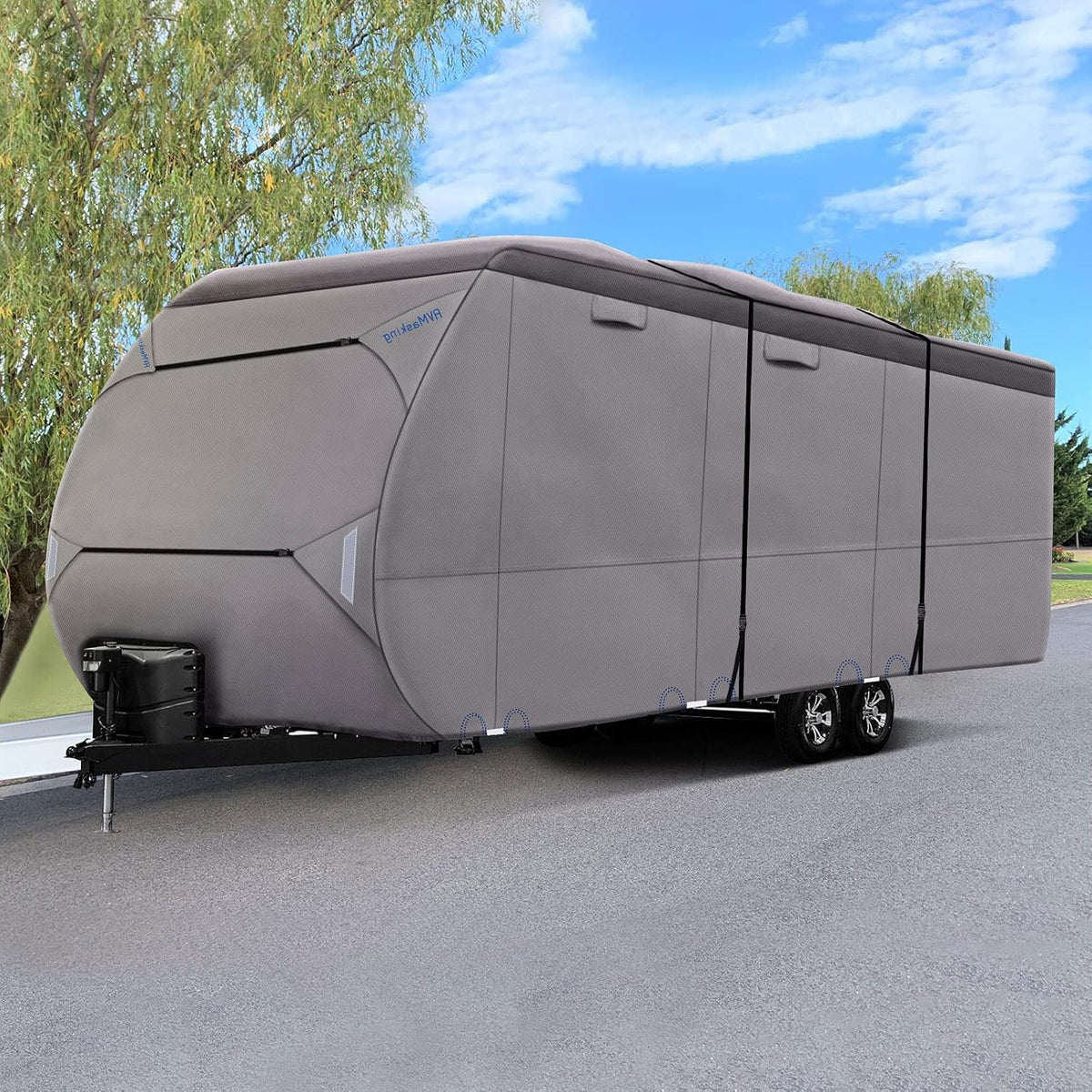 Upgraded Waterproof 500D Travel Trailer Cover with 4 Tire Covers, Tongue Jack Cover I542072