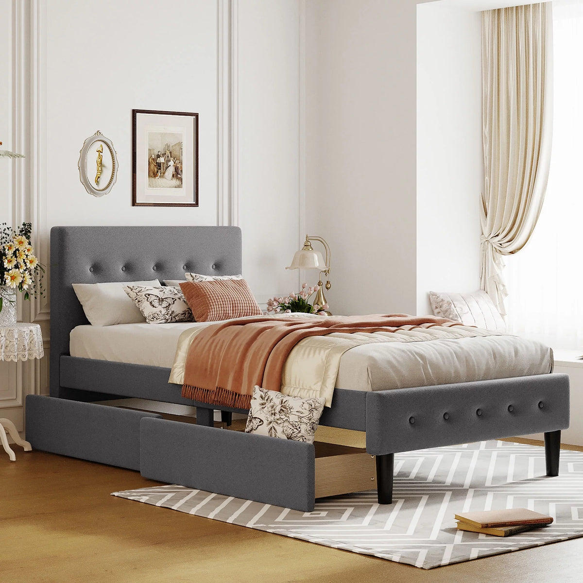 Twin Size Upholstered Platform Bed with 2 Storage Drawers O633801