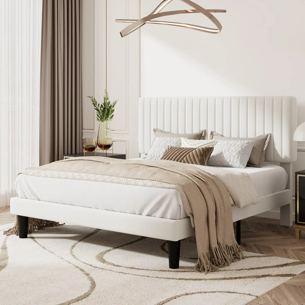 Queen Size Upholstered Platform Bed Frame with Velvet Headboard U8992