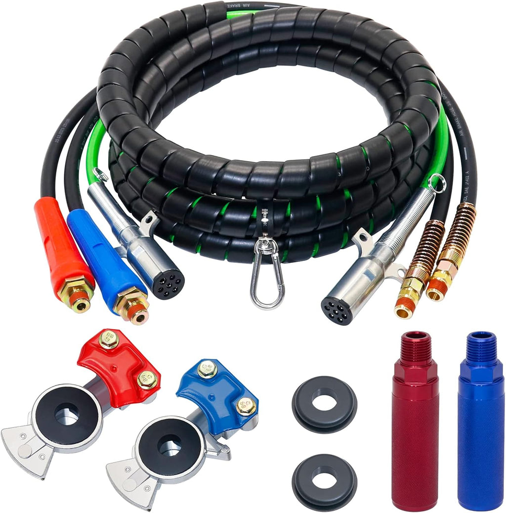 15 Ft Heavy Duty 7 Way ABS Electrical Cable and Rubber Air Line Hose Assemblies with Aluminum Glad Hands and Extension Handles N269
