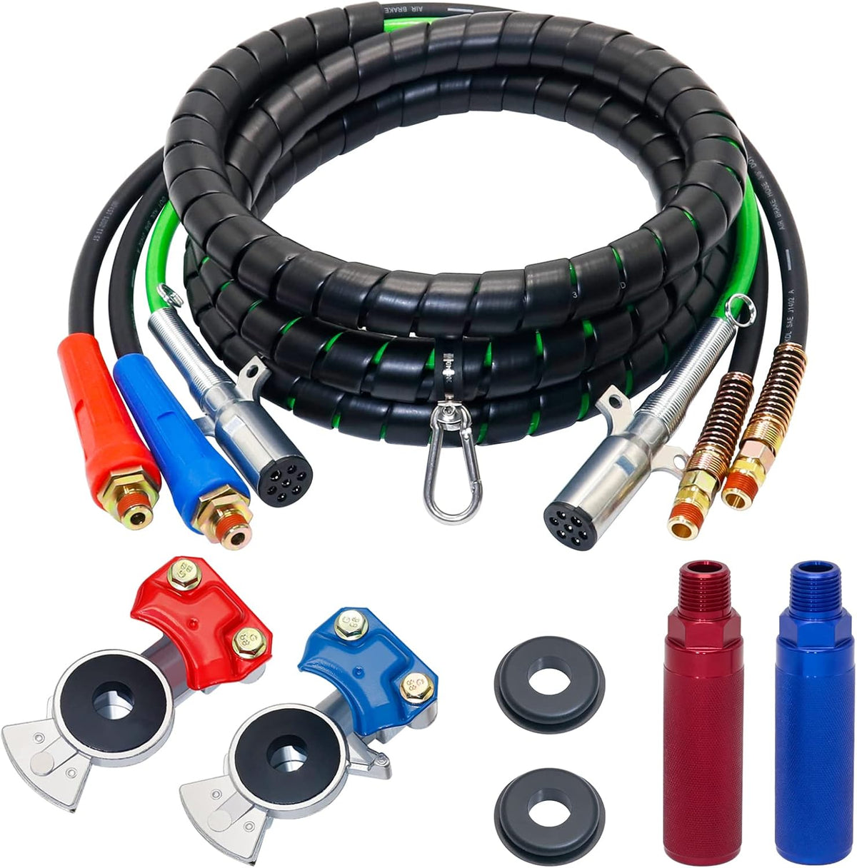 15 Ft Heavy Duty 7 Way ABS Electrical Cable and Rubber Air Line Hose Assemblies with Aluminum Glad Hands and Extension Handles N269