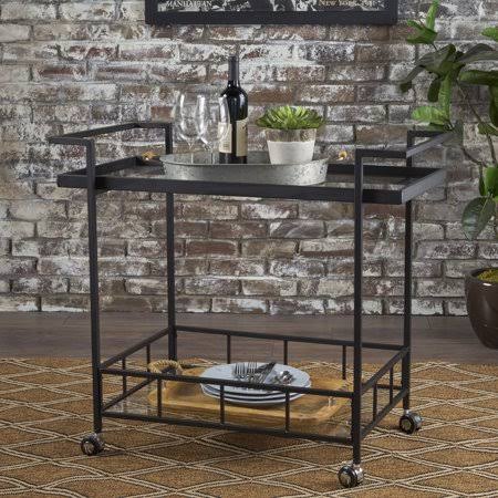 Black Industrial Iron Bar Cart with Tempered Glass Shelves R636