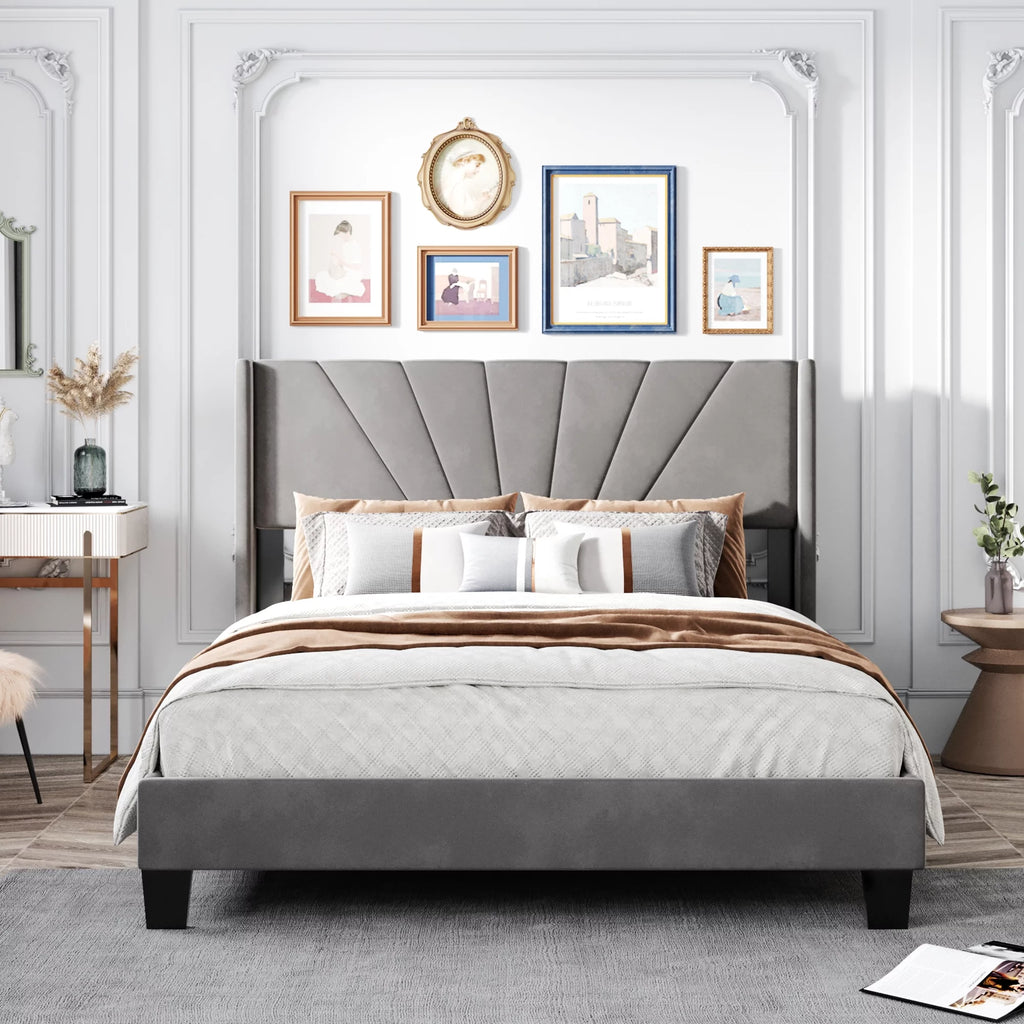 Queen Velvet Upholstered Platform Bed Frame with Headboard M5589