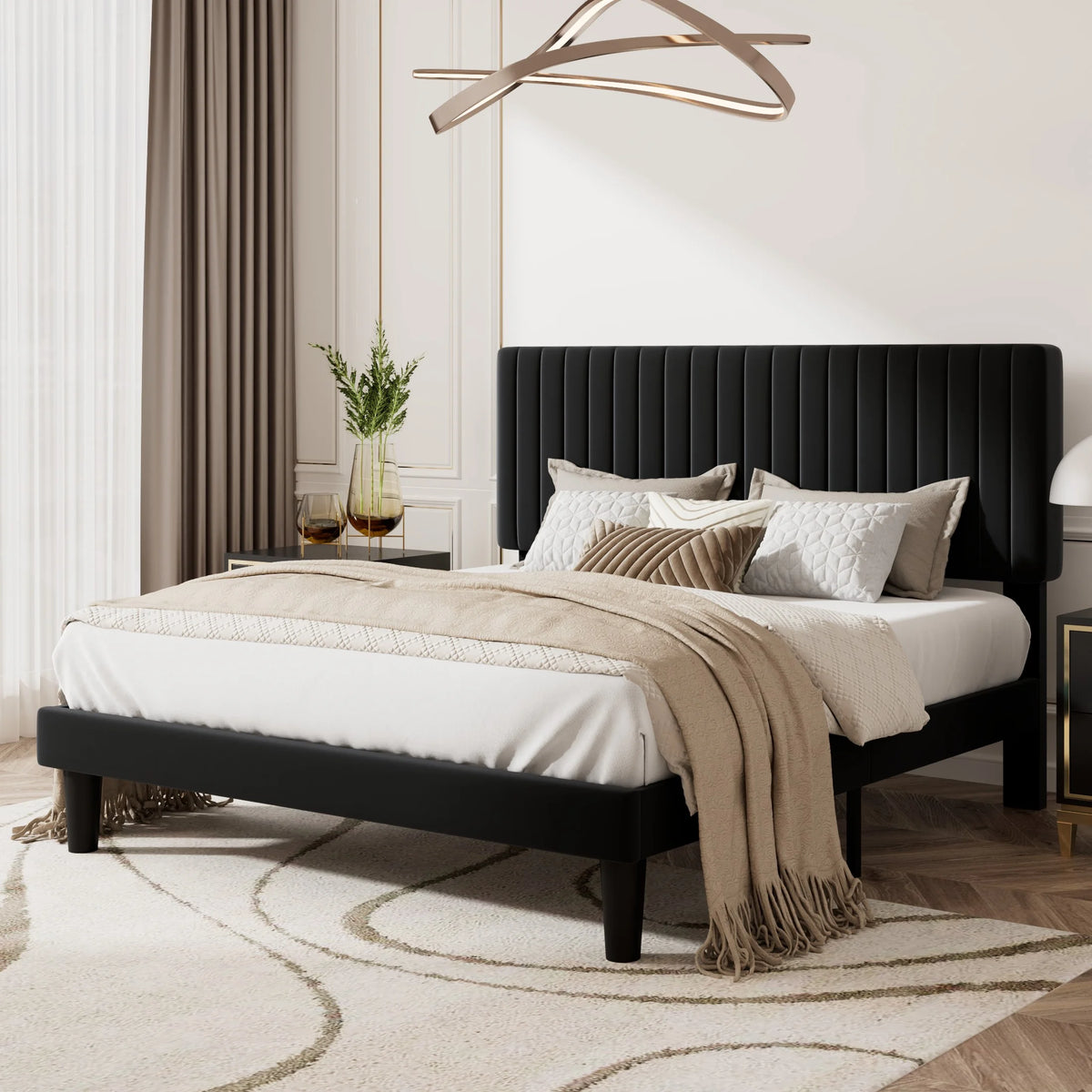 Queen Size Upholstered Platform Bed Frame with Velvet Headboard U8992