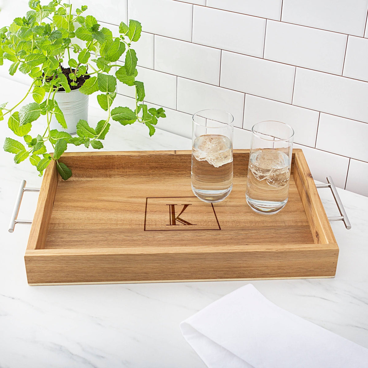 Acacia-wood Tray with Metal Handles Y4005