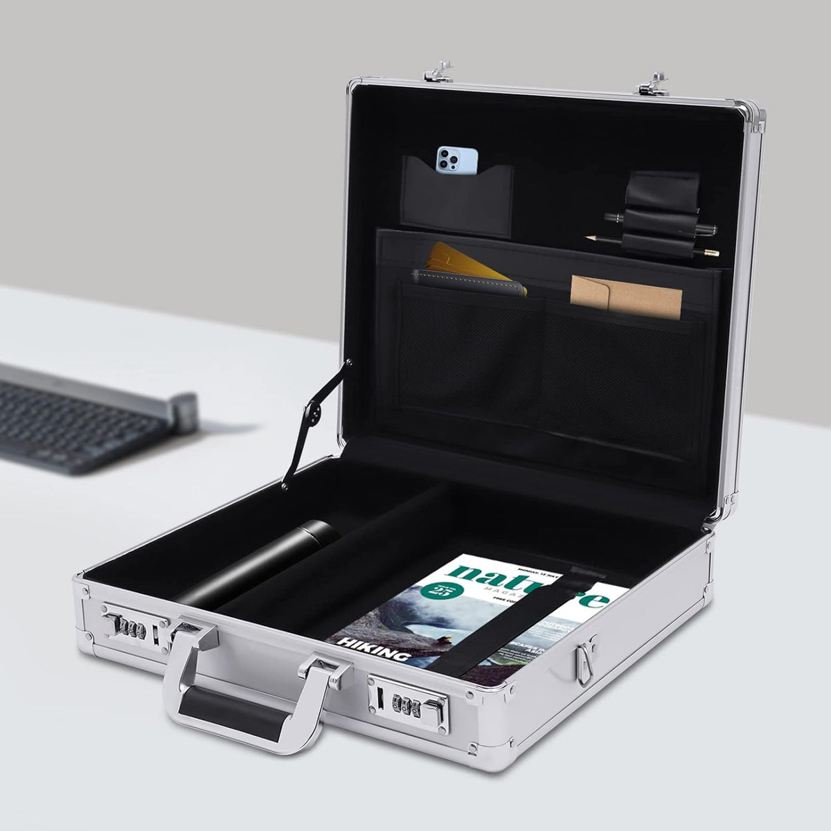 Aluminum Attache Case, 15 x 13 x 4.3 Inch Combination Lock Hard Laptop Case with Strap, Silver F567