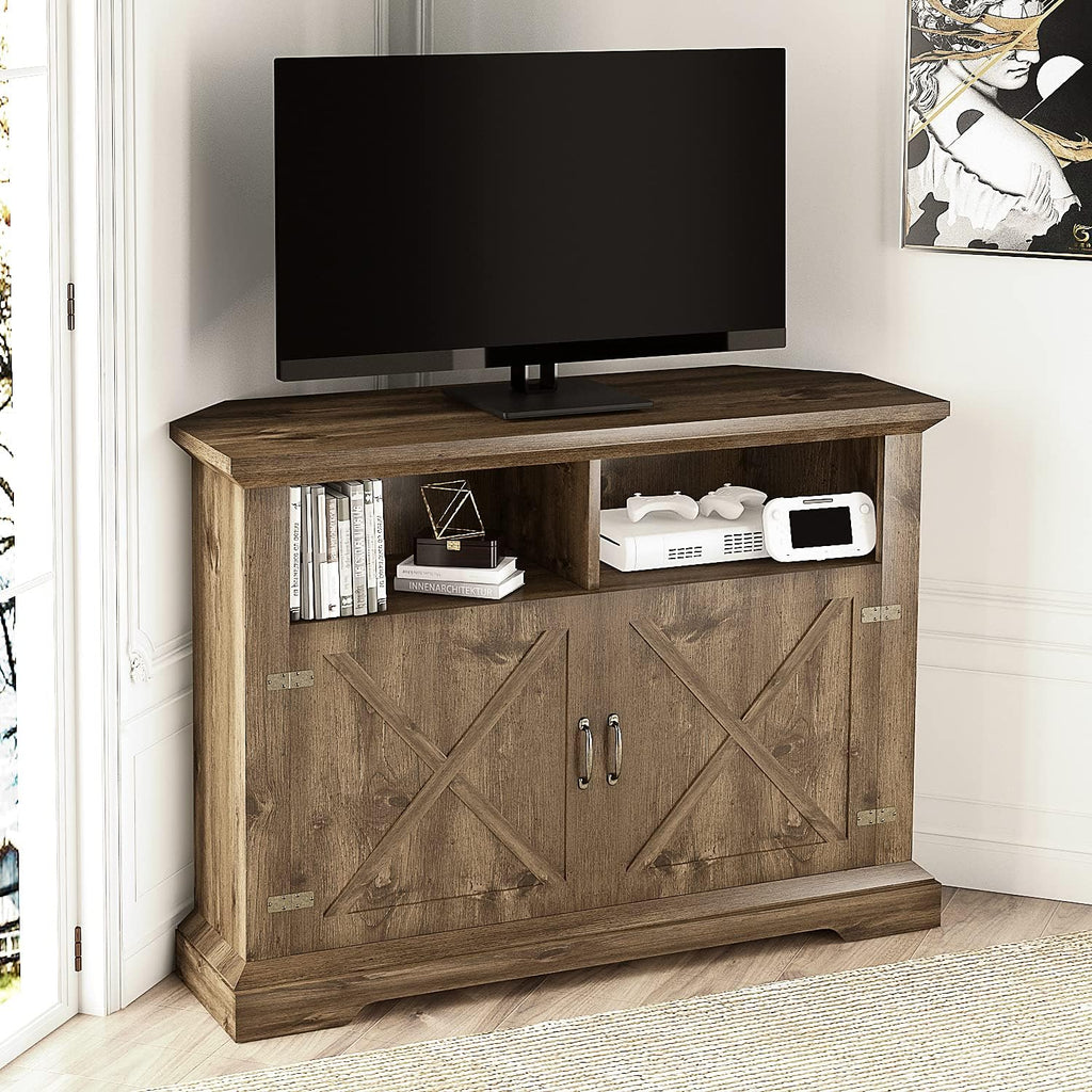 44'' Farmhouse Corner TV Stand with Double Doors & Adjustable Shelves P9239