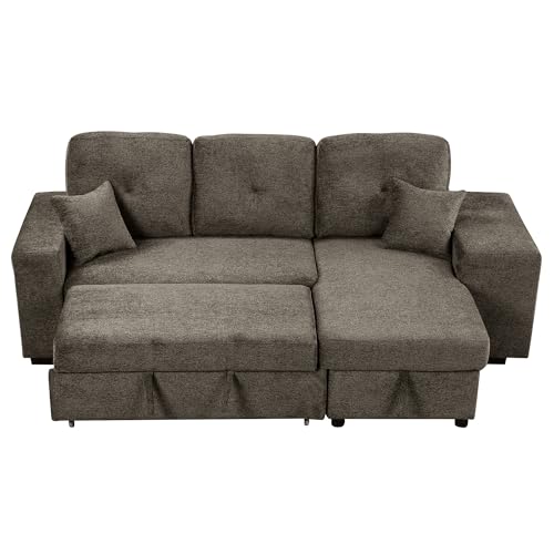 Sectional Sofa with Pull-Out Sleeper Sofa Bed, Storage Chaise and 2 Stools, L Shaped Couch Set, Charcoal O74469