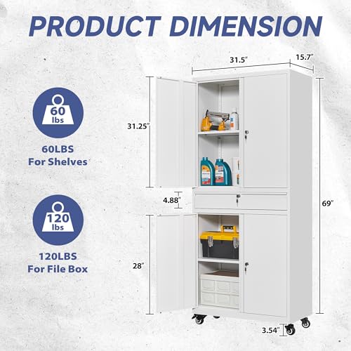 White Metal Storage Cabinet with Wheels and Locking Drawer G244