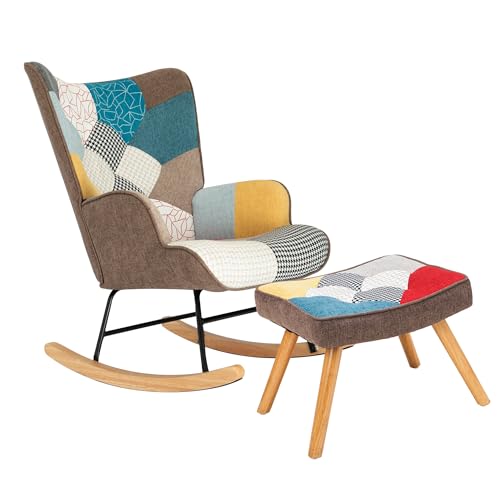Patchwork Rocking Chair with Footstool and Pillow Fabric Upholstered High Back Lounge Chair 35''Lx 26''Wx37.8''H A103261