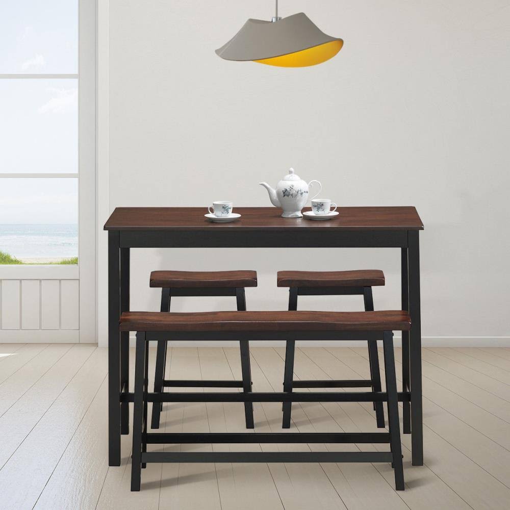 4 Pcs Solid Wood Counter Height Dining Table Set Brown I4394