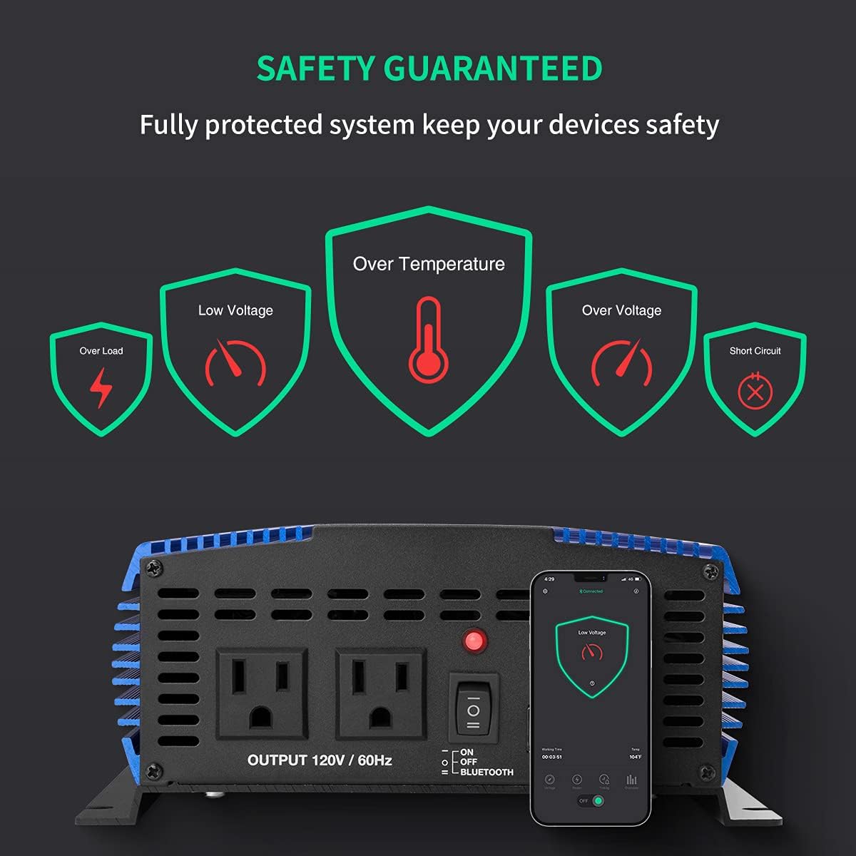 1500W Pure Sine Wave Power Inverter 12V DC to 110V AC Car Inverter with Bluetooth and 2AC Outlets & USB Port G48816