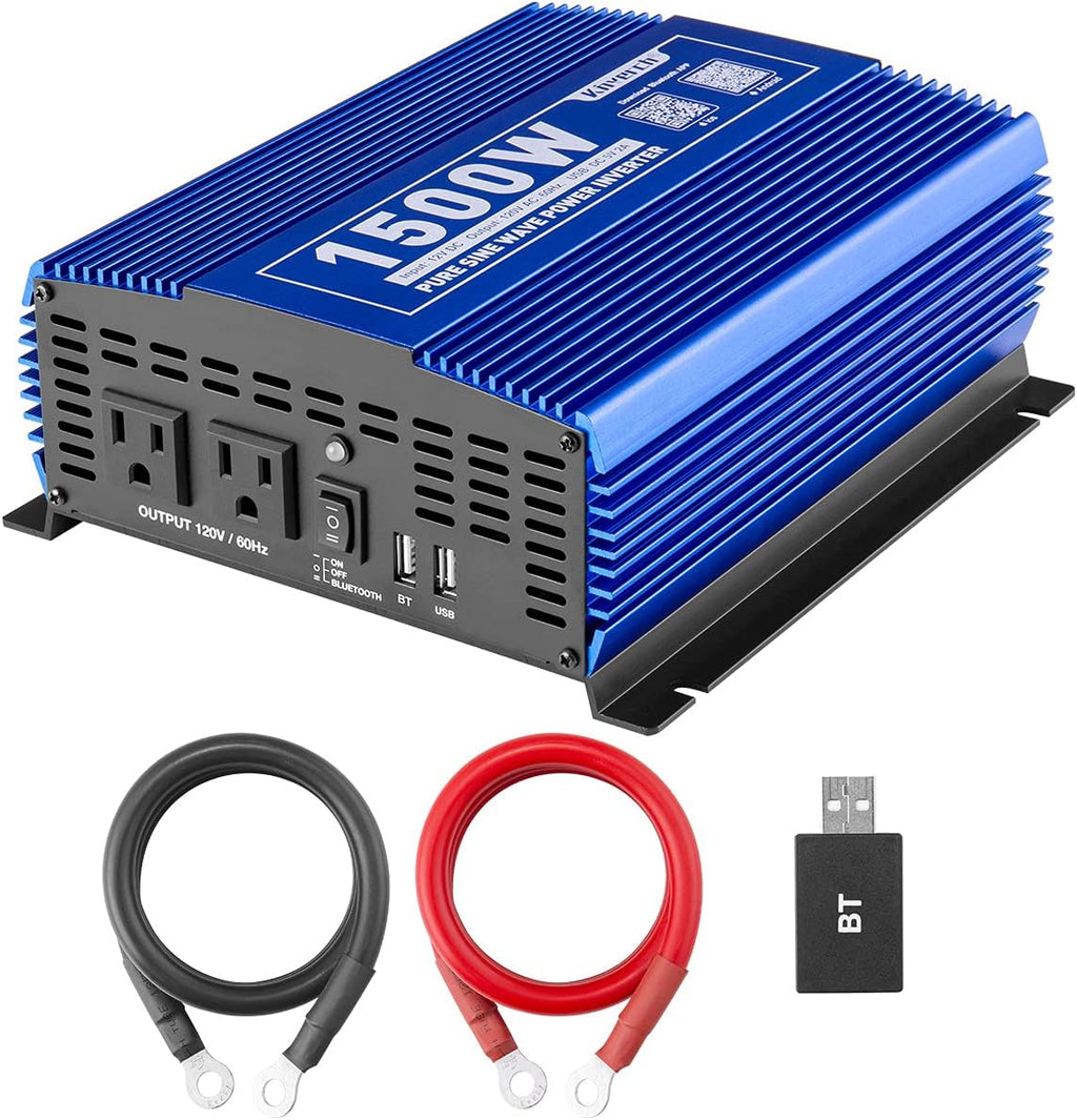 1500W Pure Sine Wave Power Inverter 12V DC to 110V AC Car Inverter with Bluetooth and 2AC Outlets & USB Port G48816