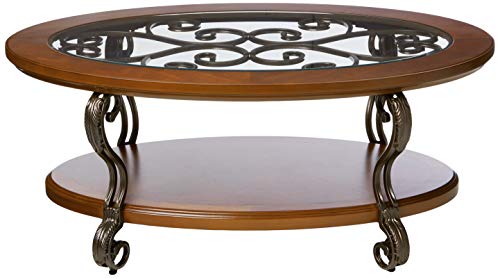 Dark Brown Oval Coffee Table with Glass Top and Shelf H26522