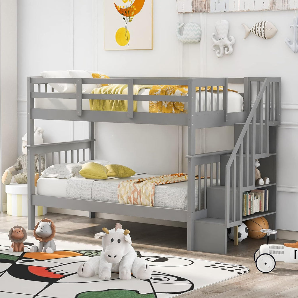 Twin Loft Bed with Slide and Storage Staircase Grey K70471