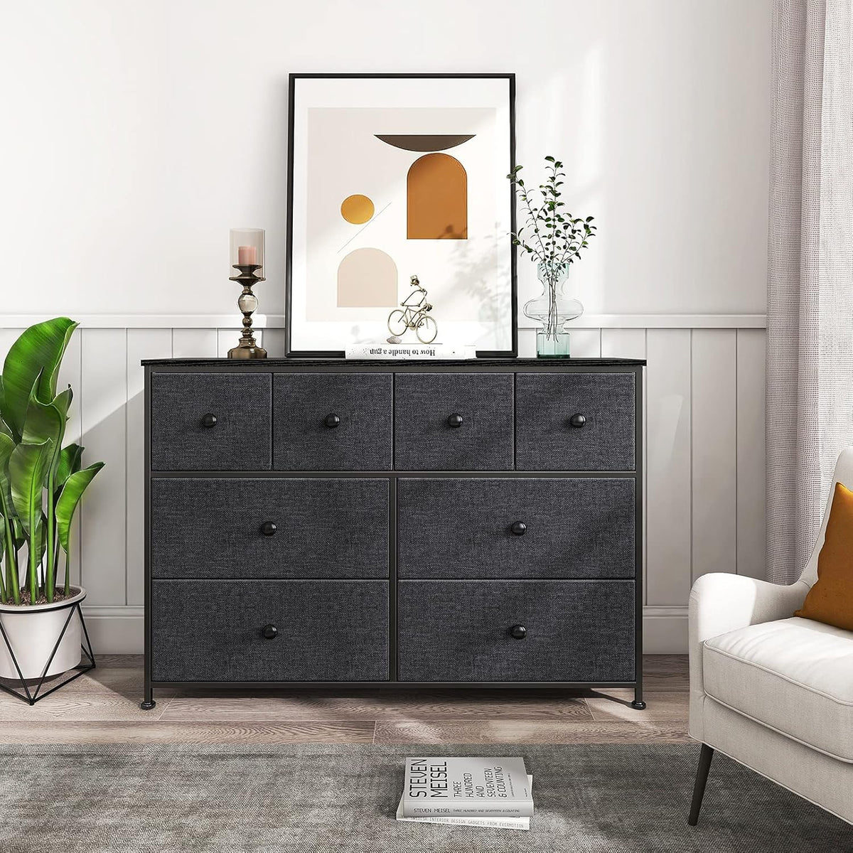 Black Gray 8 Drawer Steel Frame Wooden Top Dresser Y539600