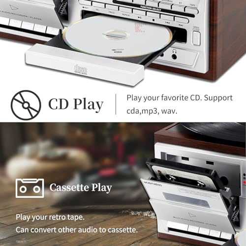 9 in 1 Record Player with Bluetooth Turntable, CD/Cassette, AM/FM Radio, USB SD/MMC, Aux-in/RCA Line Out H16287