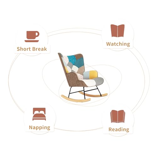Patchwork Rocking Chair with Footstool and Pillow Fabric Upholstered High Back Lounge Chair 35''Lx 26''Wx37.8''H A103261