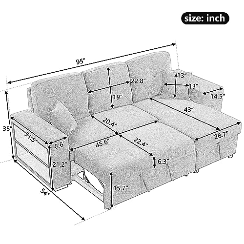 Sectional Sofa with Pull-Out Sleeper Sofa Bed, Storage Chaise and 2 Stools, L Shaped Couch Set, Charcoal O74469