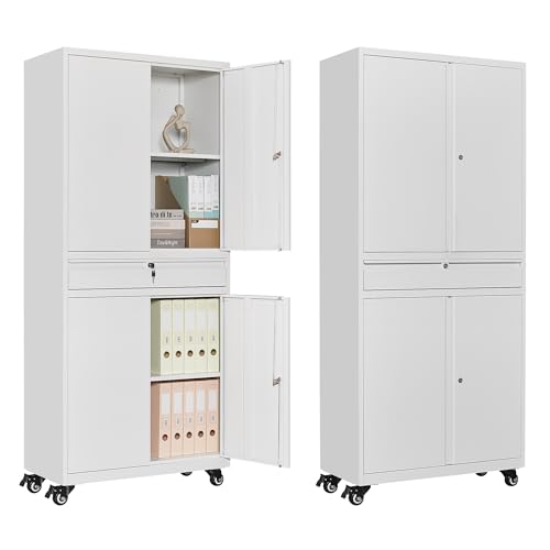 White Metal Storage Cabinet with Wheels and Locking Drawer G244