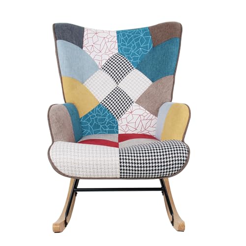 Patchwork Rocking Chair with Footstool and Pillow Fabric Upholstered High Back Lounge Chair 35''Lx 26''Wx37.8''H A103261