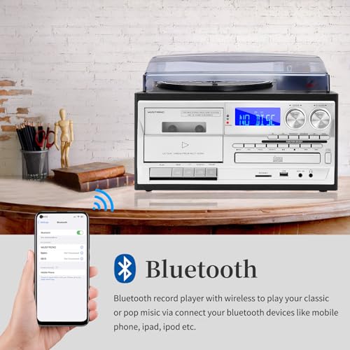 9 in 1 Record Player with Bluetooth Turntable, CD/Cassette, AM/FM Radio, USB SD/MMC, Aux-in/RCA Line Out H16287